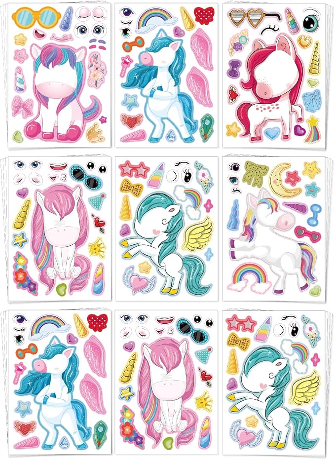 aowplc 30 sheets make a unicorn stickers for kids party favors, birthday decorations & craft activities