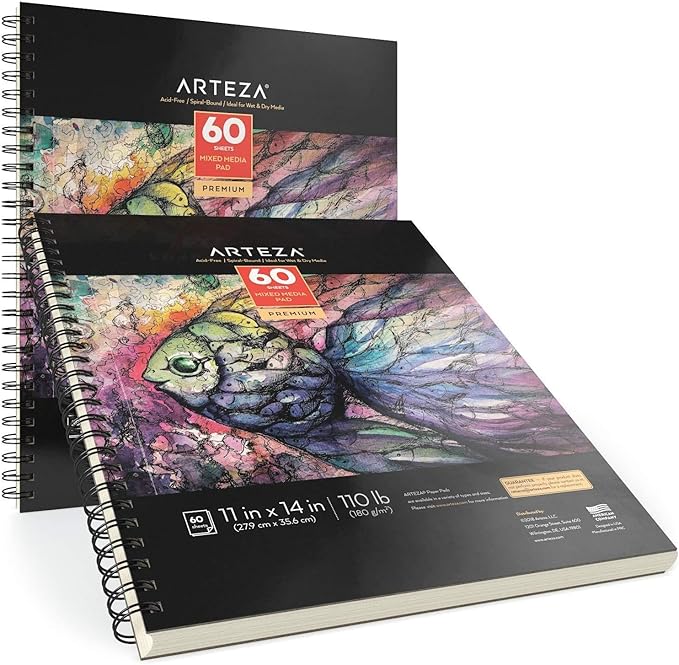 ARTEZA Mixed Media Sketchbook, 11x14 Inches – 2-Pack, 60 Spiral-Bound Sheets, 110 lb Acid-Free Paper for Wet & Dry Media: Acrylic, Ink & Pencil