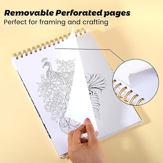 Animal Coloring Book for Adults 41 Unique Single Sided Patterns and 9 Blank Pages with 12 Colored Pencils Set 130GSM Thick Paper Stress Relief & Mindfulness Gift for Women Men, 8.5 X 11in