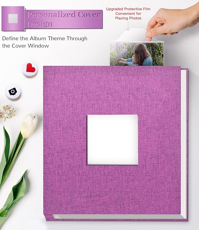 Photo Album Self Adhesive Scrapbook Album for 3x5 4x6 5x7 8x10 Pictures,40 Pages Linen Cover with Display Window DIY Photo Book,Ideal Gifts for Family Travel Wedding Baby