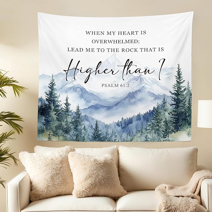 MNASAIOO Christian Mountian Woods Wall Tapestry Hanging for Bedroom, Bible Verse Scripture Psalm 61:2 Tapestry, Watercolor Religious Tapestries Wall Decor for Living Room Prayer Room Church 50x60in