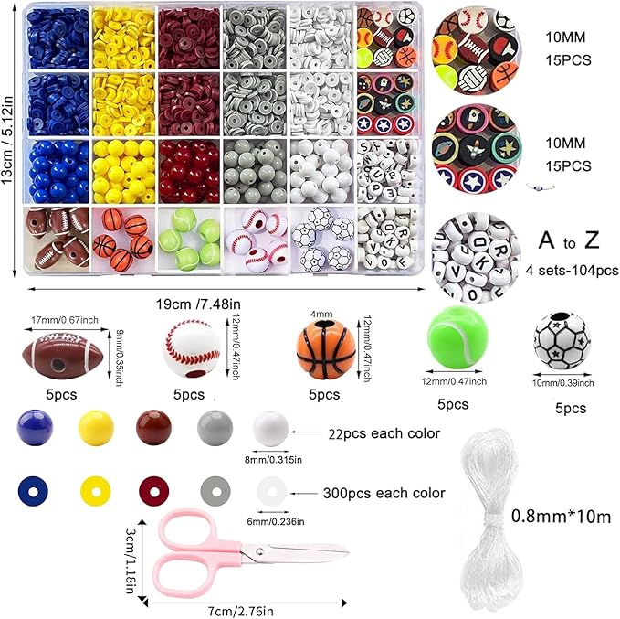 1769Pcs Acrylic Sports Ball Beads Kit for DIY Bracelet, Necklace & Jewelry Making, Letter Beads Volleyball Baseball Basketball Football Soccer Charms, Birthday Party Supplies Handmade Gifts