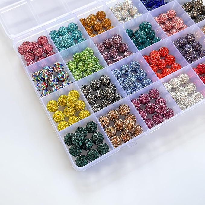 240pcs 10mm Rhinestone Beads for Jewelry Making, 24 Colors Sparkle Round Disco Ball Beads Bulk, Shiny Crystal Clay Diamond Bead for Bracelet Baseball Necklace Earring Crafting and DIY