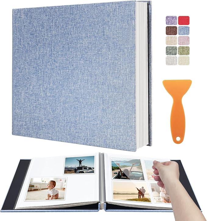 Large Photo Album Scrapbook – Holds 4x6, 8x10 Pictures – Self-Adhesive Pages for Baby, Wedding, Travel & Family Memories | Includes Metallic Pen & Scraper/Light Blue Large DIY Memory Book for Gifts