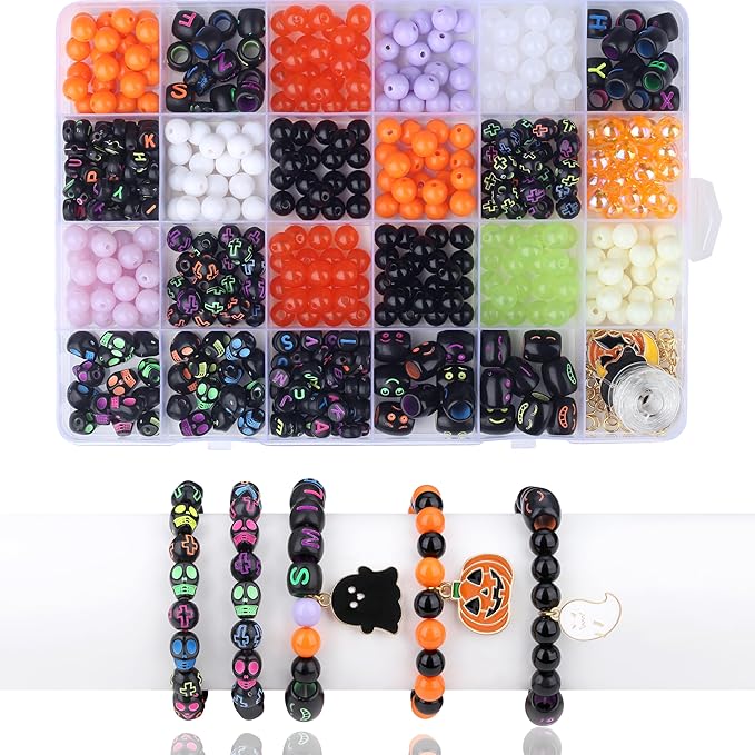 Halloween Beads for Friendship Bracelet Kit,400+ Pcs Halloween Glass Beads and Black Letter Bracelet Making Kit, DIY Crafts for Party