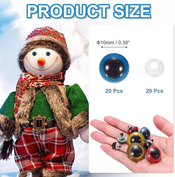PATIKIL 10mm Safety Eyes, 20Pcs Realistic Doll Crocheting Safety Eyes with Washers for Decor Crochet Accessories Dolls Craft Halloween, Blue