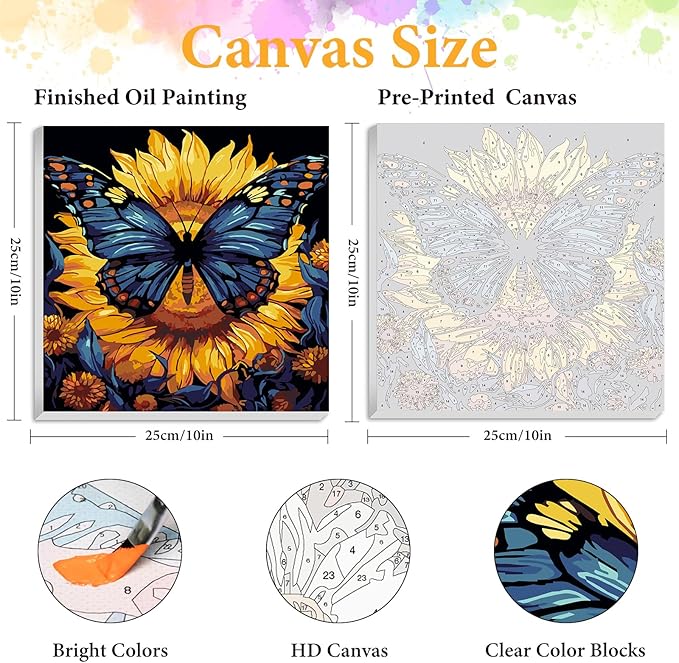 Framed Paint by Numbers Kit for Adults Beginner Butterfly, Adult Paint by Number Kits on Canvas Framed, DIY Acrylic Oil Painting by Numbers with Frame, Sunflower for Home Decor Gift 10 X 10 Inch