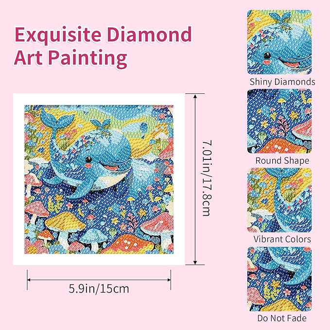 PERFECTSIGHT Cute 5D Diamond Art Kits with Wooden Frame, Kawaii DIY Painting Art for Adults Teen, Diamond Arts and Crafts Sets, Big Gem Full Drill Diamond Dots for Women Beginners (Whale)