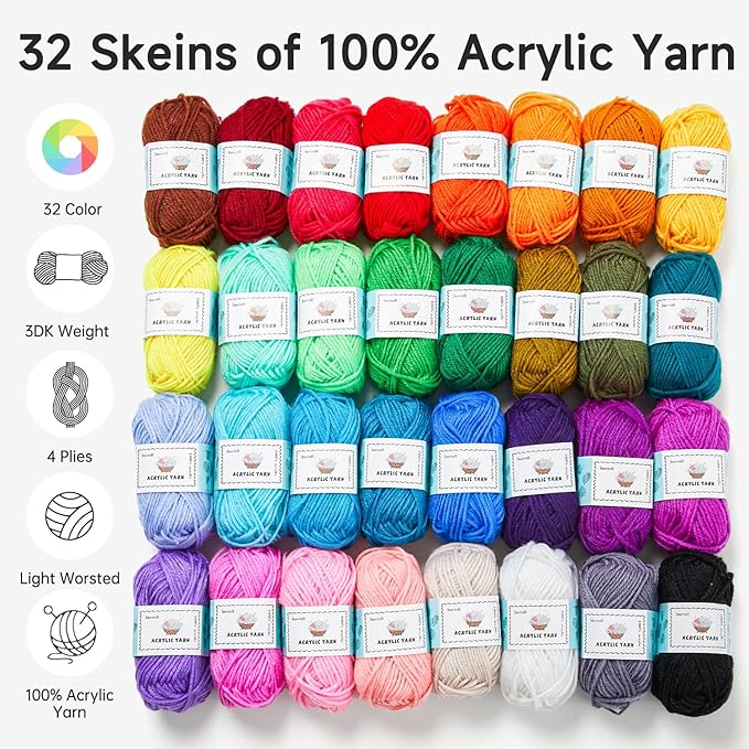 inscraft crochet yarn kit for beginners, 1440 yards 32 colors acrylic yarn skeins, 2 crochet hooks, 2 weaving needles, 4 stitch markers, 1 bag, for crocheting & knitting, gift for adults