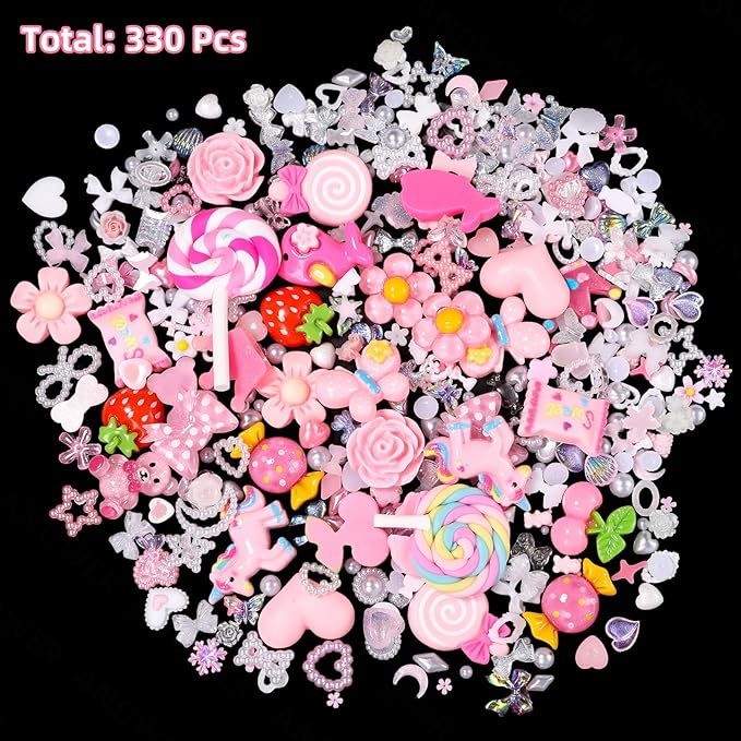 330 Pcs Junk Case Charms Kit, Junk Charms for Cases, Junk Phone Case Charm, Junk Case Kit Pink Charm Bulk Mixed Cute Slime Charms Set for DIY Crafts, Scrapbooking, Jewelry Making-S1