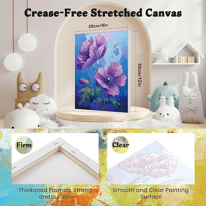 Easy Flower Paint by Numbers for Adults with Framed Canvas - with Wooden Easel, Flowers Paint by Number for Beginners, DIY Acrylic Oil Painting on Canvas with Brushes for Home Wall Decor (8x12 inch)