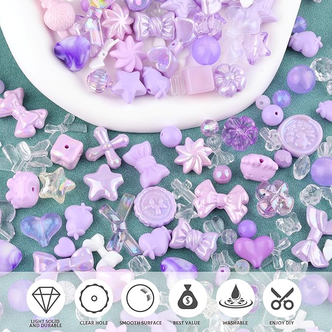 200-260pcs tinkrstuff assorted purple acrylic beads for bracelet making, cute beads for jewelry making flower bow butterfly candy gummybear aesthetic bracelet charms, diy necklace keychain phone charm