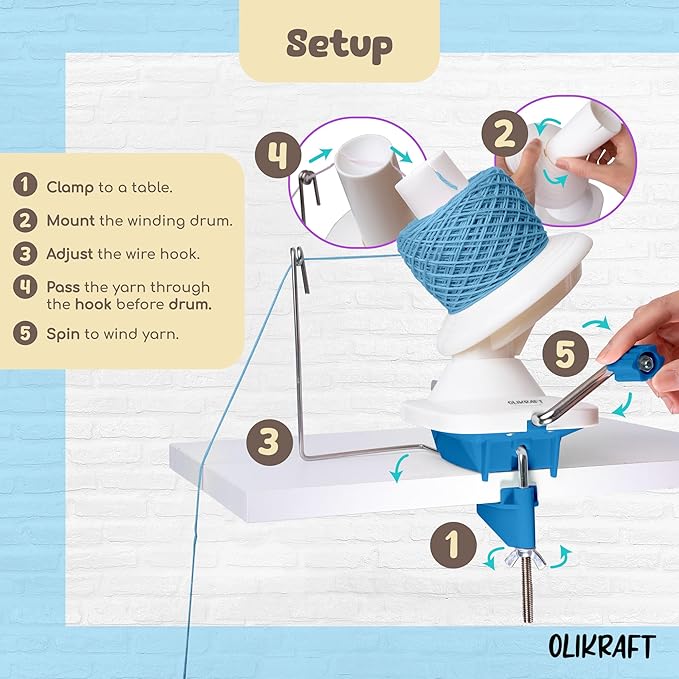 Olikraft Manual Yarn Winder | Yarn Ball Winder, Roller, Baller Crochet Spinner for Crocheting | Clamp for 1 3/4" Surfaces | Create Cakes up to 4oz
