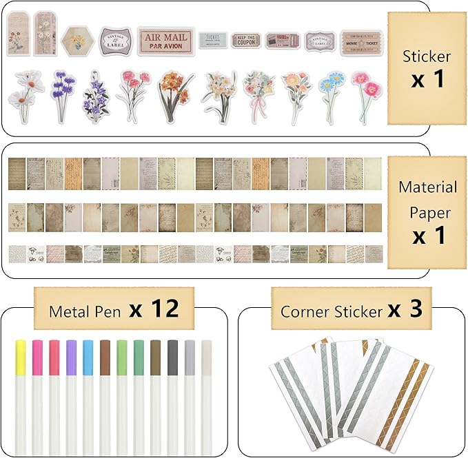 Vienrose Scrapbooking Supplies Kit, Aesthetic Scrapbook Accessories with Stickers, Textured Papers, 12 Metal Pens and 3 Corner Stickers, Art Journaling Supplies for Scrapbook Album, Bullet Journaling