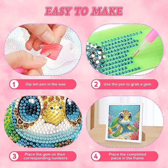 Sea Turtle Diamond Art Painting Kits for Kids with Frame, Animal Diamond Art for Kids Ages 4-8-12 with Frame, Easy Small Cute Gem Painting Kit for Gift Home Wall Decoration (7x7 inch)
