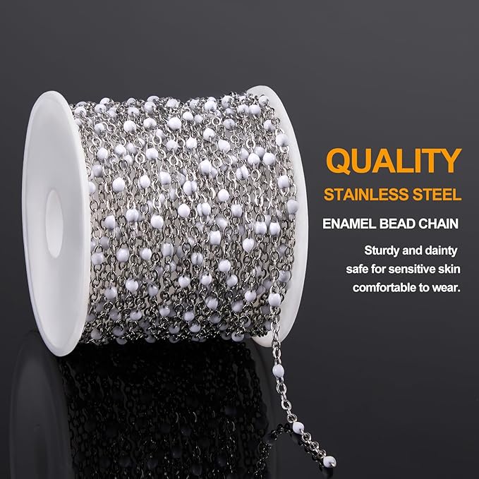 5 Meters Long Stainless Steel Silver Chains for Jewelry Making White Beaded Decorative Jewelry Bulk Small Enamel Chain Spool with Connectors for Women Men DIY Crafts