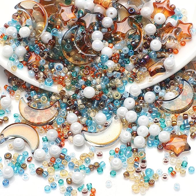 Mixed Star Moon Crystal Glass Beads Seedbeads Loose Round Pearl Beads for Jewelry Making Craft Bracelets Necklaces Earrings DIY Crafts Projects Blue Orange Glass Spacer Bead Kits for Crafts