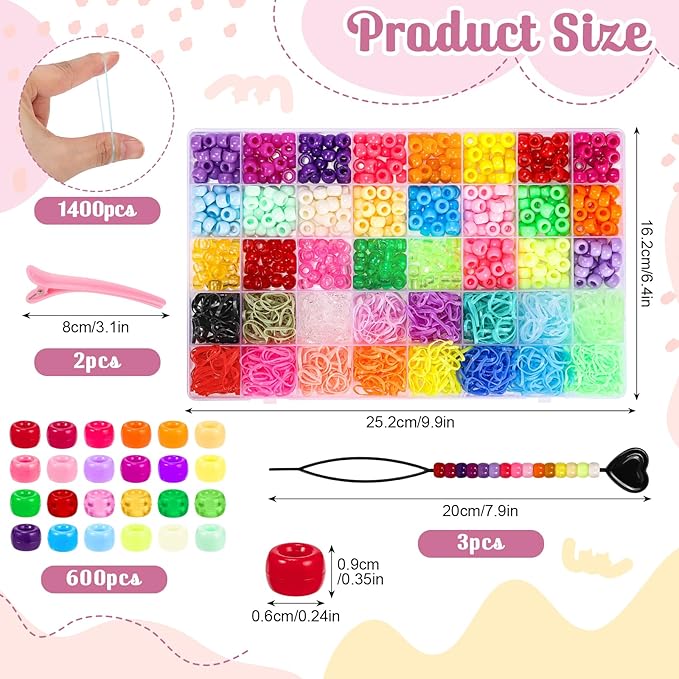 obeoby 9x6mm Bulk Pony Beads for Braids, 2005 Pcs Hair Beads Kit for Braids Friendship Bracelet Making for Classmates Mothers Day Gifts for Mom Daughter