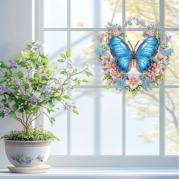 QENSPE Diamond Art Hanging Kits for Adults, 5D Blue Butterfly Special Shape Diamond Paingting Ornaments Kits with Chain, DIY Crystal Window Pendants for Home Garden Wall Decor Double Sided 8X8 inch
