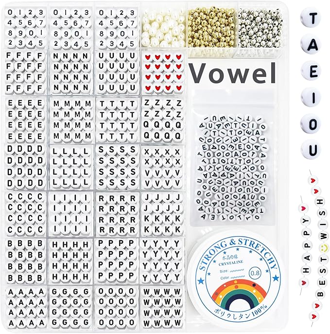 MIIIM 1920 Pcs Pony Beads Letters for Bracelets Making, Vowel-Rich Alphabet Kit with Minimized Rare Characters, 4x7mm Round Letter Beads, Numbers (White and Black)