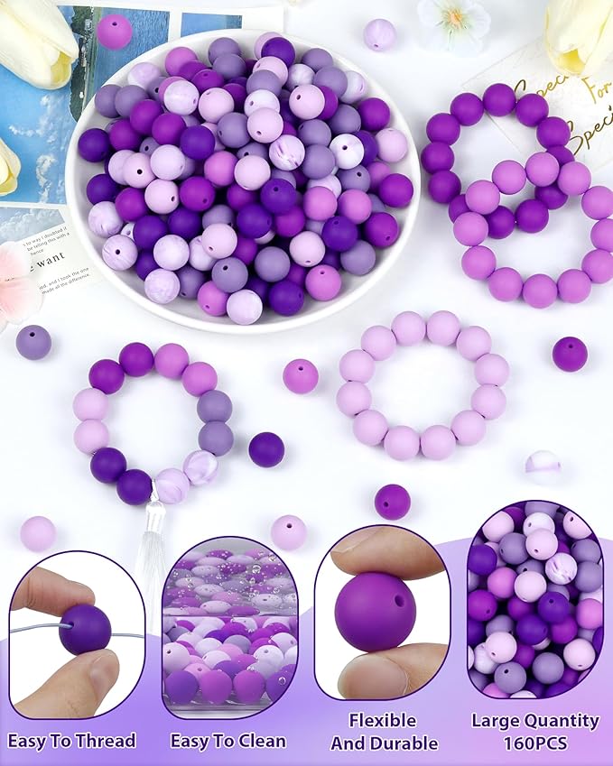 160pcs fiveizero 15mm silicone beads for keychain making - mixed color round rubber beads bulk, diy craft supplies for bracelets necklaces pens(purple)