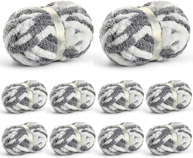 10 Pack Jumbo Chunky Yarn for Hand Knitting, Fluffy Chunky Chenille Yarn for Crocheting, Variegated Chunky Knit Baby Blanket Yarn, 240 yds /70.5 oz Super Bulky Yarn（White- Grey）