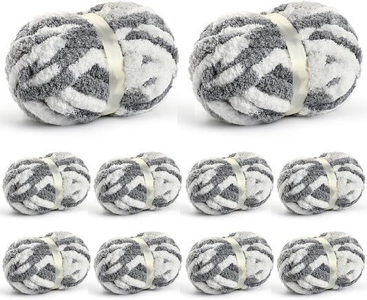 10 Pack Jumbo Chunky Yarn for Hand Knitting, Fluffy Chunky Chenille Yarn for Crocheting, Variegated Chunky Knit Baby Blanket Yarn, 240 yds /70.5 oz Super Bulky Yarn（White- Grey）