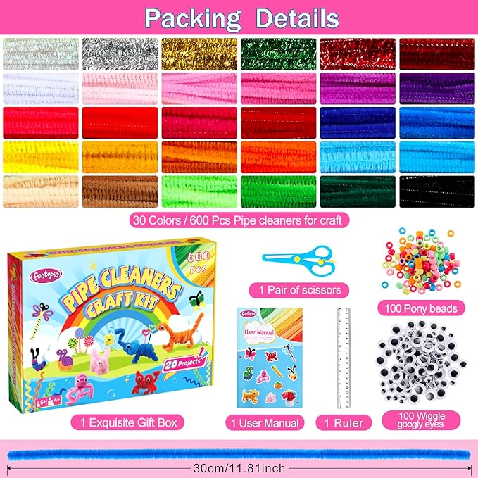 800pcs Pipe Cleaners Crafts Kit, 30 Colors Pipe Cleaners Bulk with 20 Designs Instruction Book, Colorful Chenille Stems for Animal Flower Creative Projects DIY, Arts and Crafts for Kids Ages 4-12
