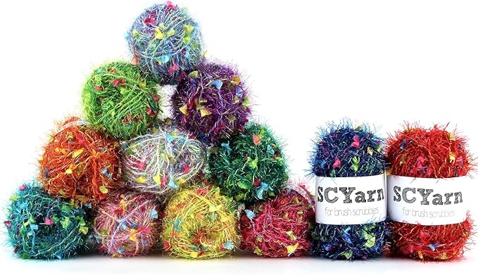 for Scrubbies 12 Skeins Bonbons Yarn Assorted Colors 100% Polyester for Scrubbies Crochet and Knitting Project - Total 648 Yards Craft Kit (Brush)
