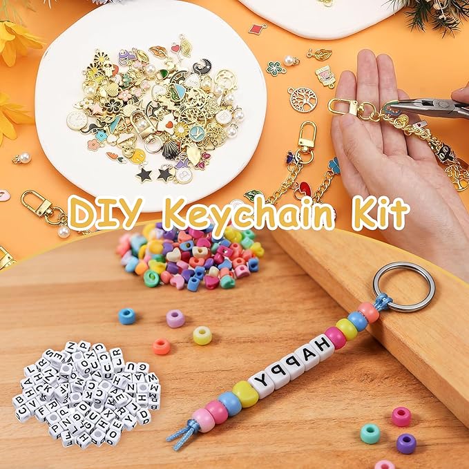 561PCS Keychain Making Kit ,Lipgloss Holder Keychain Charm Bracelet Making Kit Lip Gloss Charms Keychain Charms with Extender Chains, Jump Rings, Lobster Clasps with Organizer Box for DIY Crafts