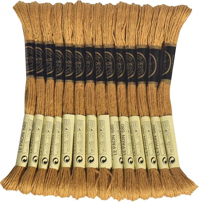 LE PAON Embroidery Floss, 14-Pack Six Strands 100% Long Staple Cotton Embroidery Thread, 8.7-Yard，Color Number：680, Dark Old Gold