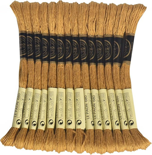 LE PAON Embroidery Floss, 14-Pack Six Strands 100% Long Staple Cotton Embroidery Thread, 8.7-Yard，Color Number：680, Dark Old Gold