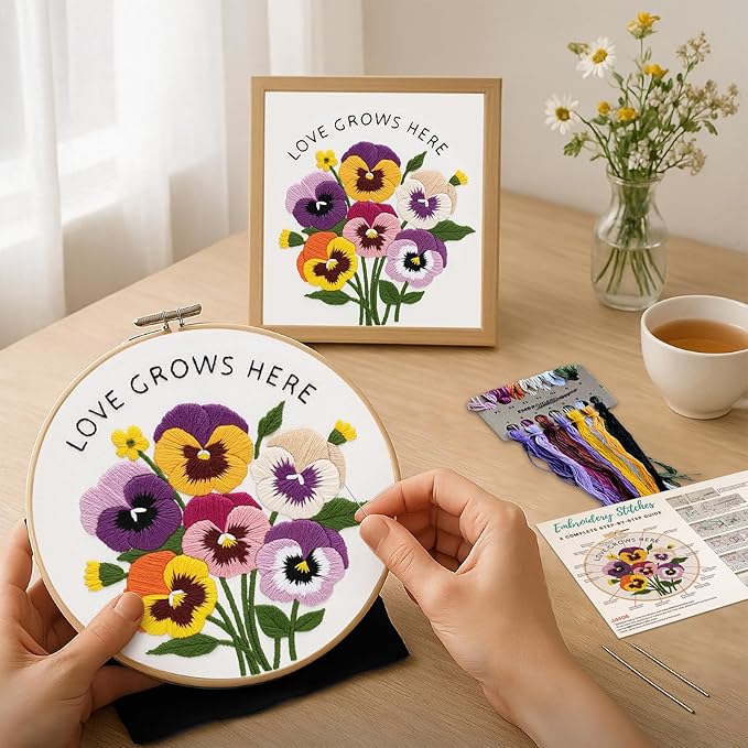 Nuberlic Pansy Flower Embroidery Kit for Beginners Cross Stitch Kits- Complete Starter Set with Hoop, Pre-Printed Fabric, Threads & Needles
