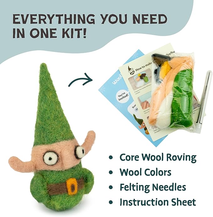 Woolbuddy Needle Felting Kit - Elf Christmas, Complete Felting Kit for Beginners & Adults, Includes Needle Felting Supplies, Felting Mat, Felting Wool, and Felting Needles for Crafting Fun