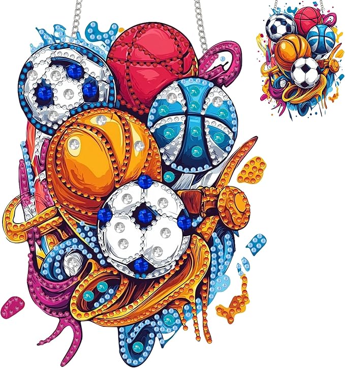 Hanging Diamond Art Ornament Basketball Soccer Kits for Adults – Special Crystal Double Sided Pendant, Balls Diamond Painting Acrylic Board Window Pendants Home Wall Hanging Decor 5.9x7.5 inch