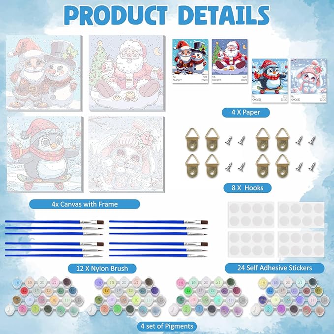 DOMROM 4 Pack Framed Paint by Numbers Snowman for Kids Beginners, Adult Paint by Number Kits Penguin on Canvas, Acrylic Number Painting Christmas Craft Kits for Gift Home Decor 8x8in
