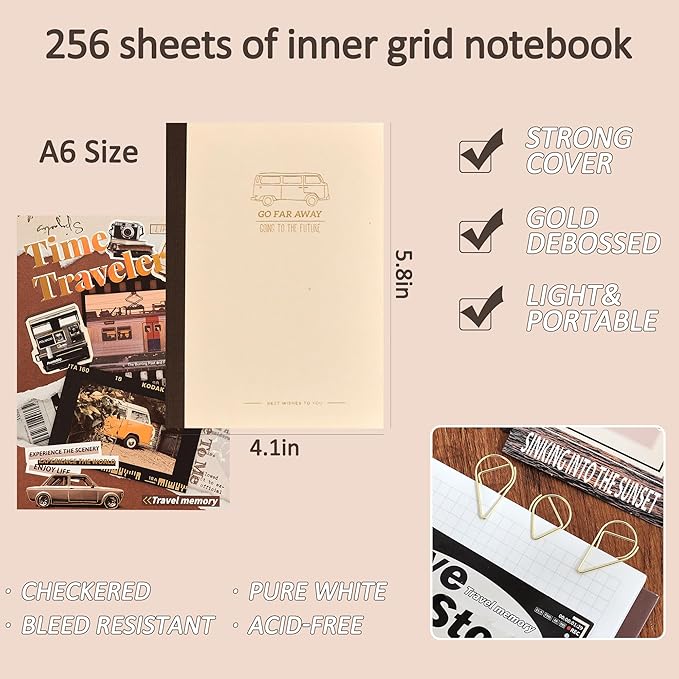 Scrapbooking Supplies Kit, Aesthetic Daily Life Travel Scrapbook Kit for Bullet Junk Journal, Stationery, A6 Grid Notebook, Flower DIY Journaling Supplies, Birthday Craft Gift Teen Girl Women