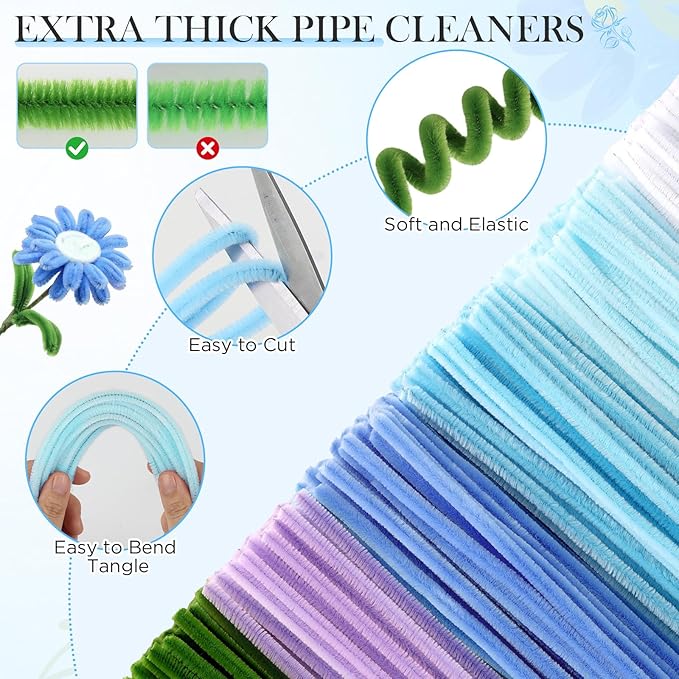 Funtopia Pipe Cleaner Flowers, 540 Pcs Pipe Cleaners Flower Kit, 6 Assorted Colors Pipe Cleaners Bulk with Instruction, Chenille Stems for DIY Flower Making Kit (Blue, 12in x 7mm)