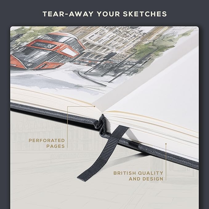 Beechmore Books Square Mixed Media Sketchbook - 8x8 Inch Professional Art Journal, 160 GSM / 98 lb Ivory Paper, Perforated Pages, Vegan Leather Hardcover, Lay-Flat Design for Drawing & Doodling