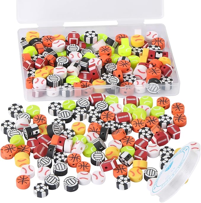 EVERMARKET 100pcs Sports Ball Beads Sports Polymer Clay Beads Bulk,Baseball Football Basketball Volleyball Rugby DIY Crafts for Jewelry Making Key Chains Earring Bracelet Necklace