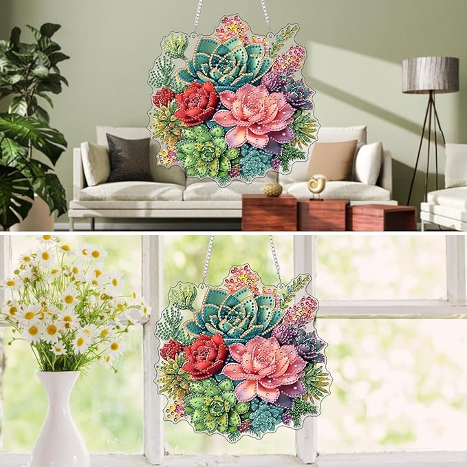MXJSUA Succulents Special Shaped Hanging Diamond Painting Art Kits for Adults, Crystal Rhinestone Acrylic Gem Art Pendant Ornaments Kit for Home Decor and Gift 7.87 * 7.87 Inch