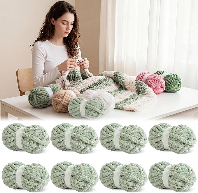 BALAPET 8 Pack Chunky Chenille Yarn for Crocheting & Knitting, 27yds 8 oz Each Skein Soft Fluffy Kitting Yarn Set, Thick Velvet Plush Yarn for Handcrafts Weaving Making Blankets, Sage Green