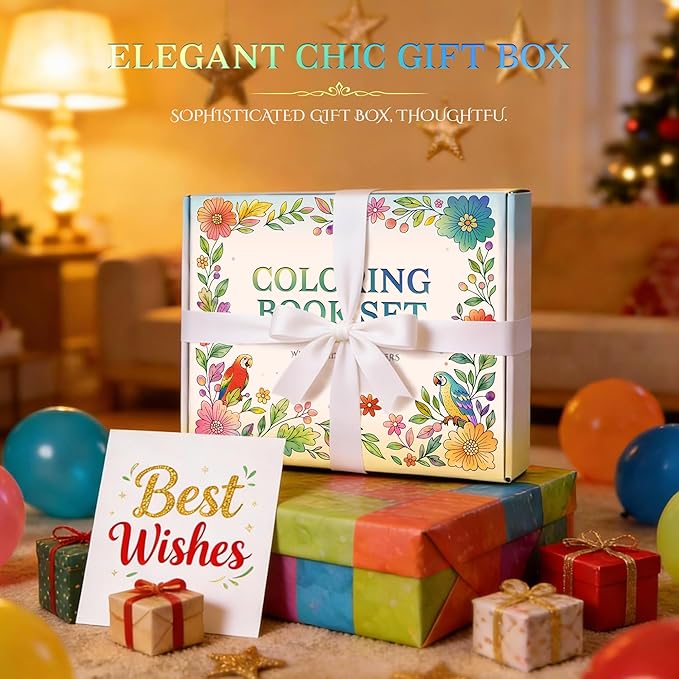 Ospelelf Adult Coloring Book Set Women Relaxation Gifts with 24 Colors Markers for Birthday, Stress Relief with 30 Patterns Included Animal, Flowers, and Positive Messages for Her