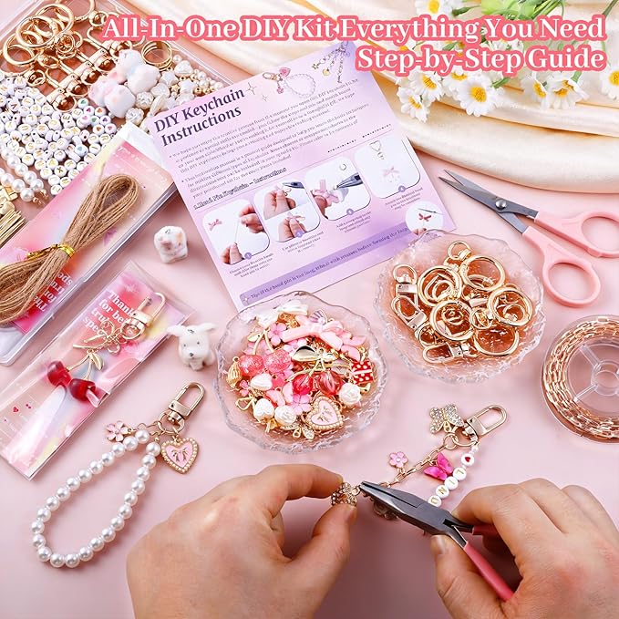 Wurosi 680 Pcs Keychain Making Kits, Pink DIY Bag Charm Kit, 78.74 Inch Chains, Key Chain Hooks, Jump Rings, Lobster Clasps, 225 Charms & Letter, Tools, Great for a Custom Gift, Party, or Family Activ