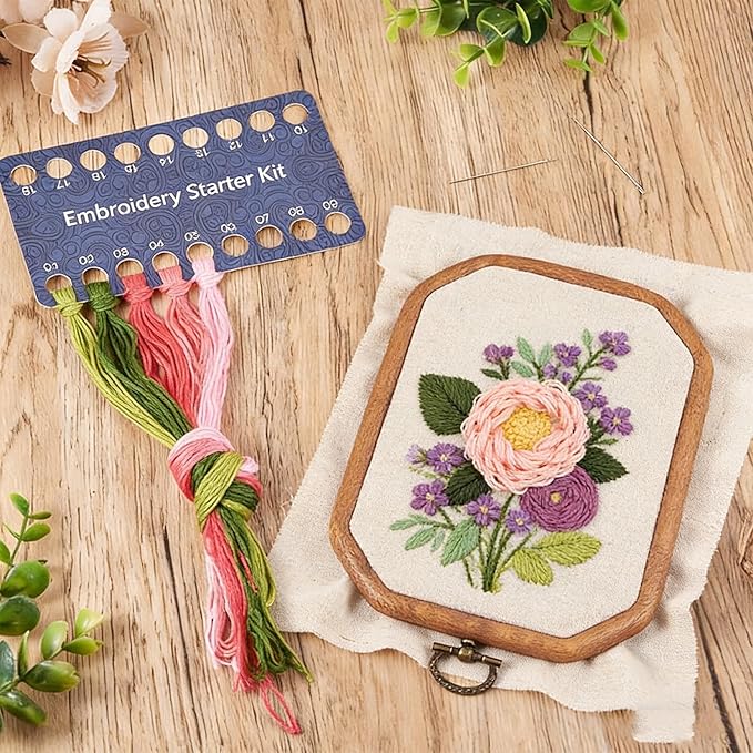 QBQBQ 5 Pack Octagon Flower Embroidery Starter Kit 7.9×5.9inch Vintage DIY Embroidery Kits for Adults Stamped Needlepoint Set with Step-by-Step Instructions Colorful Threads Craft Lover Gift