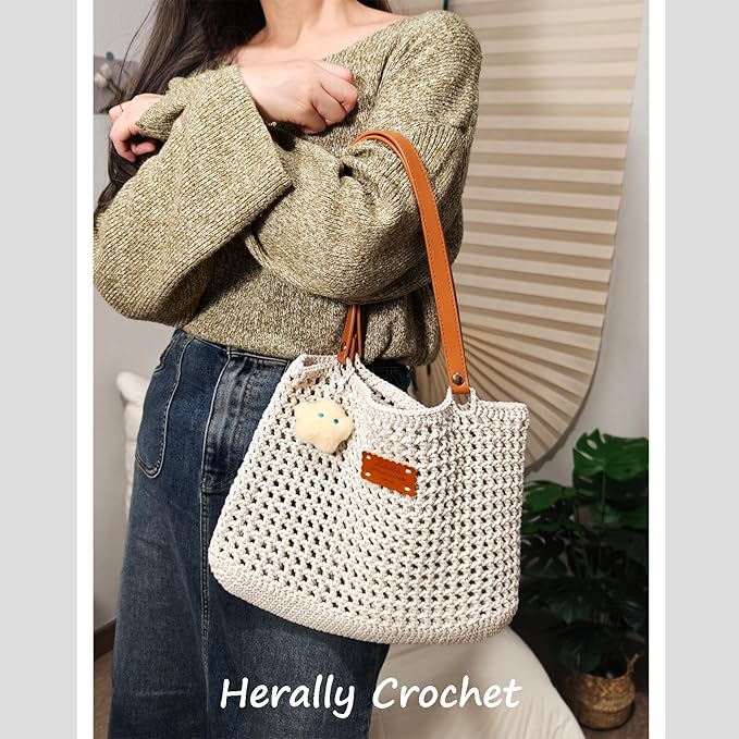 Herally Crochet Kit DIY Bag for Beginners - Include Yarn, Hook and Accessory - with Step by Step Video Tutorials - Crochet Tote Bag Beige