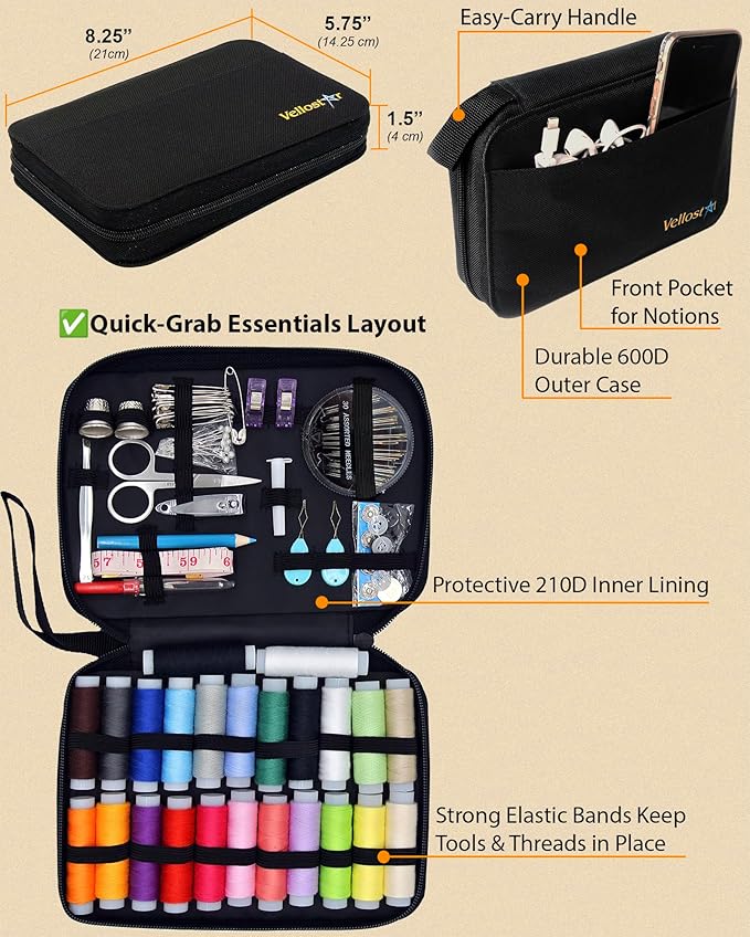 Vellostar Sewing Kit for Adults & Beginners – Portable Needle & Thread Travel Kit w/ 24 Thread Colors, Needles, Scissors & Tape Measure for Emergency Clothing Repairs, Buttons, Hemming & Home Mending