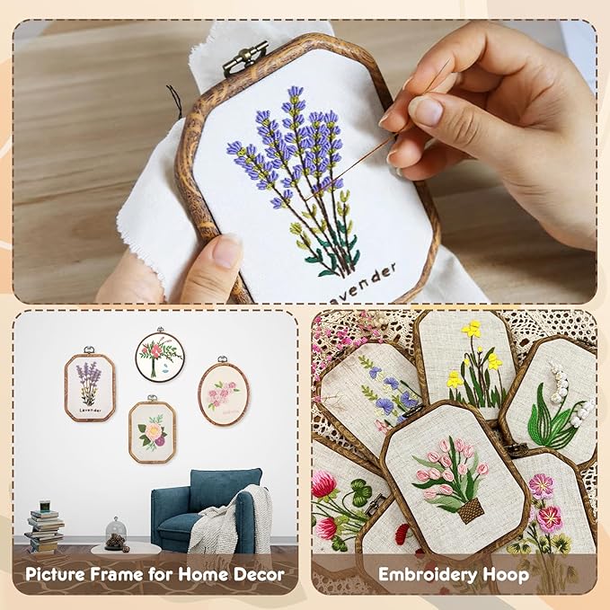 9 pcs embroidery hoop frame set decorative imitated wood embroidery hoop display frame for art craft sewing decorative ornaments, circle, oval, octagonal embroidery hoops