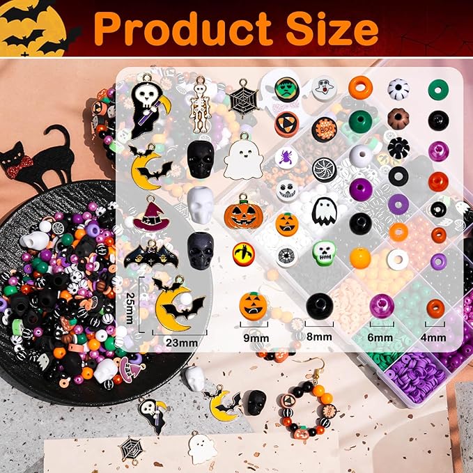 2100+PCS Halloween Beads Kit for Jewelry Making, Spooky DIY Crafts with Clay Charms Acrylic Rounds Pearls Pumpkin Skull Beads Ghost Witch Hat Bat Charms DIY Halloween Bracelets Necklace Earrings Craft