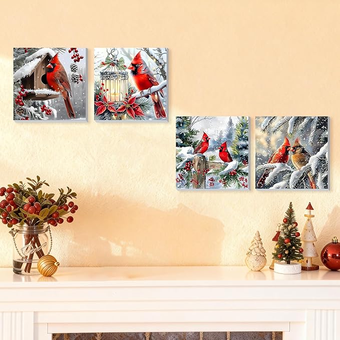 DOMROM 4 Pack Framed Paint by Numbers Cardinal for Kids Beginners, Adult Paint by Number Kits Bird on Canvas, Acrylic Number Painting Christmas Craft Kits for Gift Home Decor 8x8in